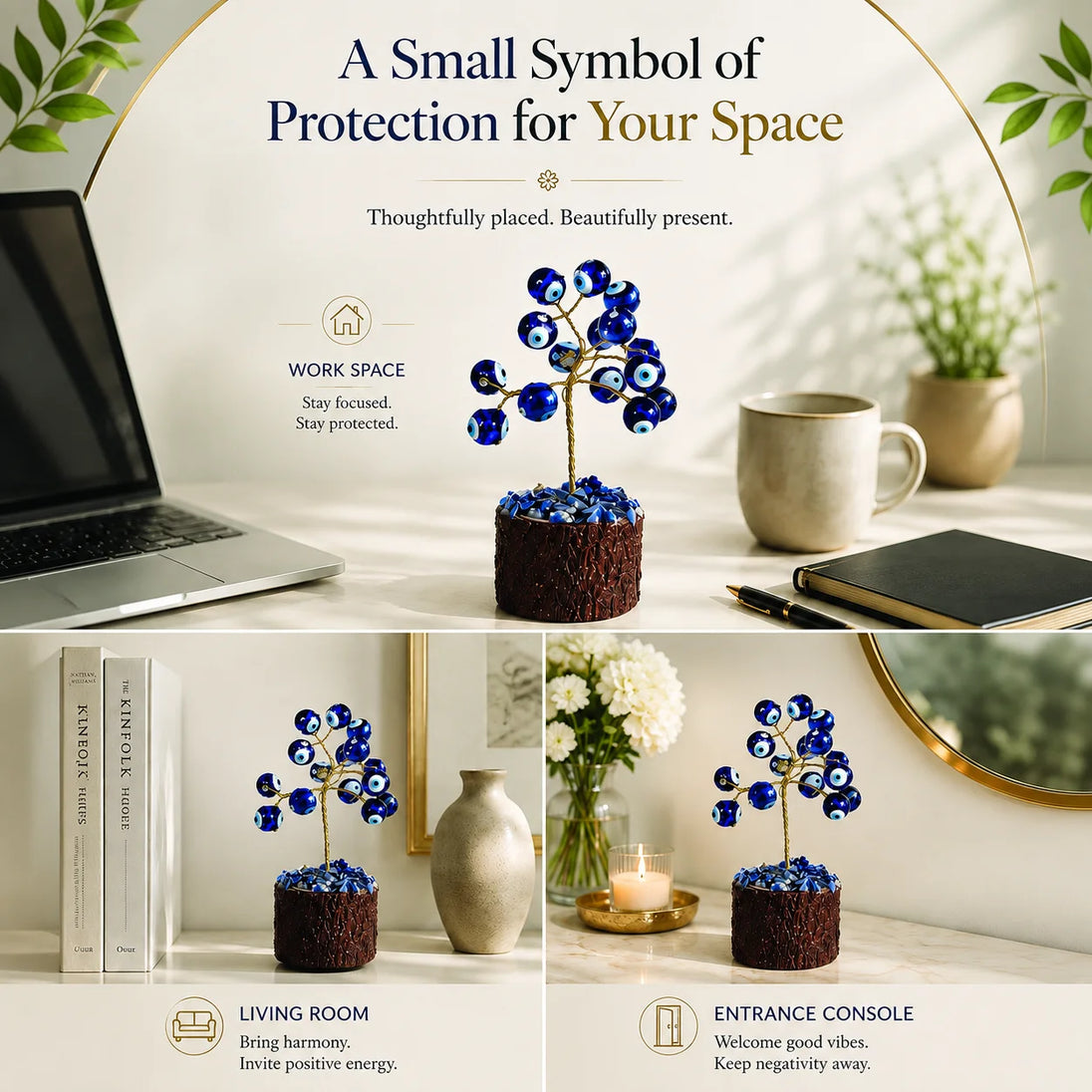 A decorative metal tree of life ornament with blue evil eye beads and a brown textured base, shown in a styled home office and living room setting. The image includes marketing text overlays explaining its protective benefits for workspaces, living rooms, and entrances.