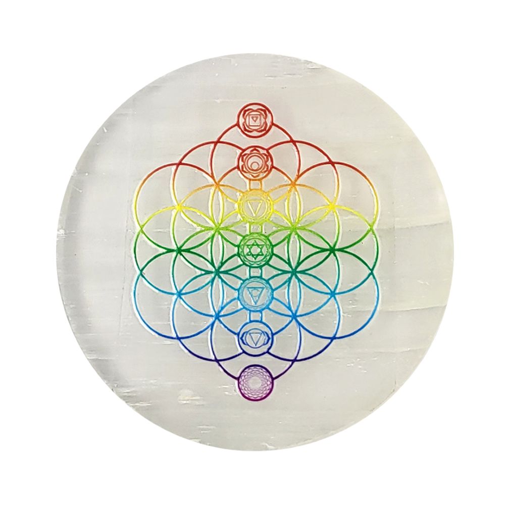 Transparent sphere with a colorful chakra symbol design on a white background