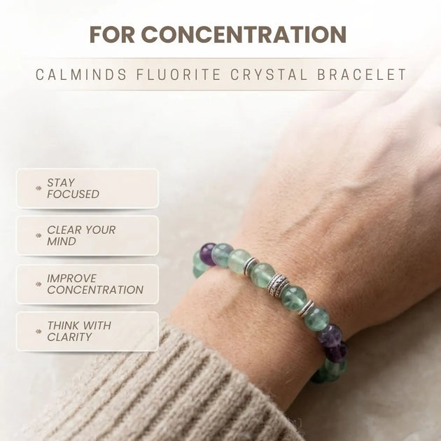Fluorite crystal bracelet on a wrist with text about its benefits for concentration.