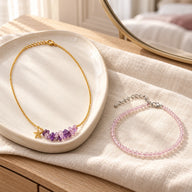 Her Diwali Glow – Diwali Gift for Wife: Amethyst Necklace & Rose Quartz Anklet Set