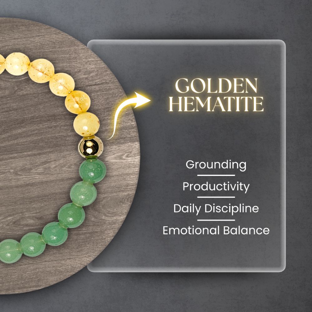 Golden Hematite crystal highlighting grounding, productivity, daily discipline, and emotional balance