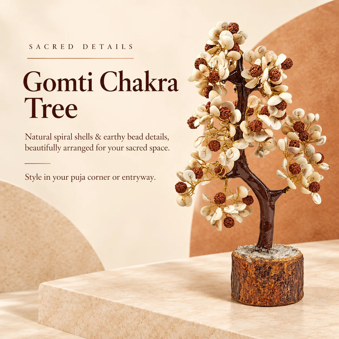 Gomti Chakra and Rudraksha crystal tree with white gomti chakra shells and rudraksha beads on a wooden base