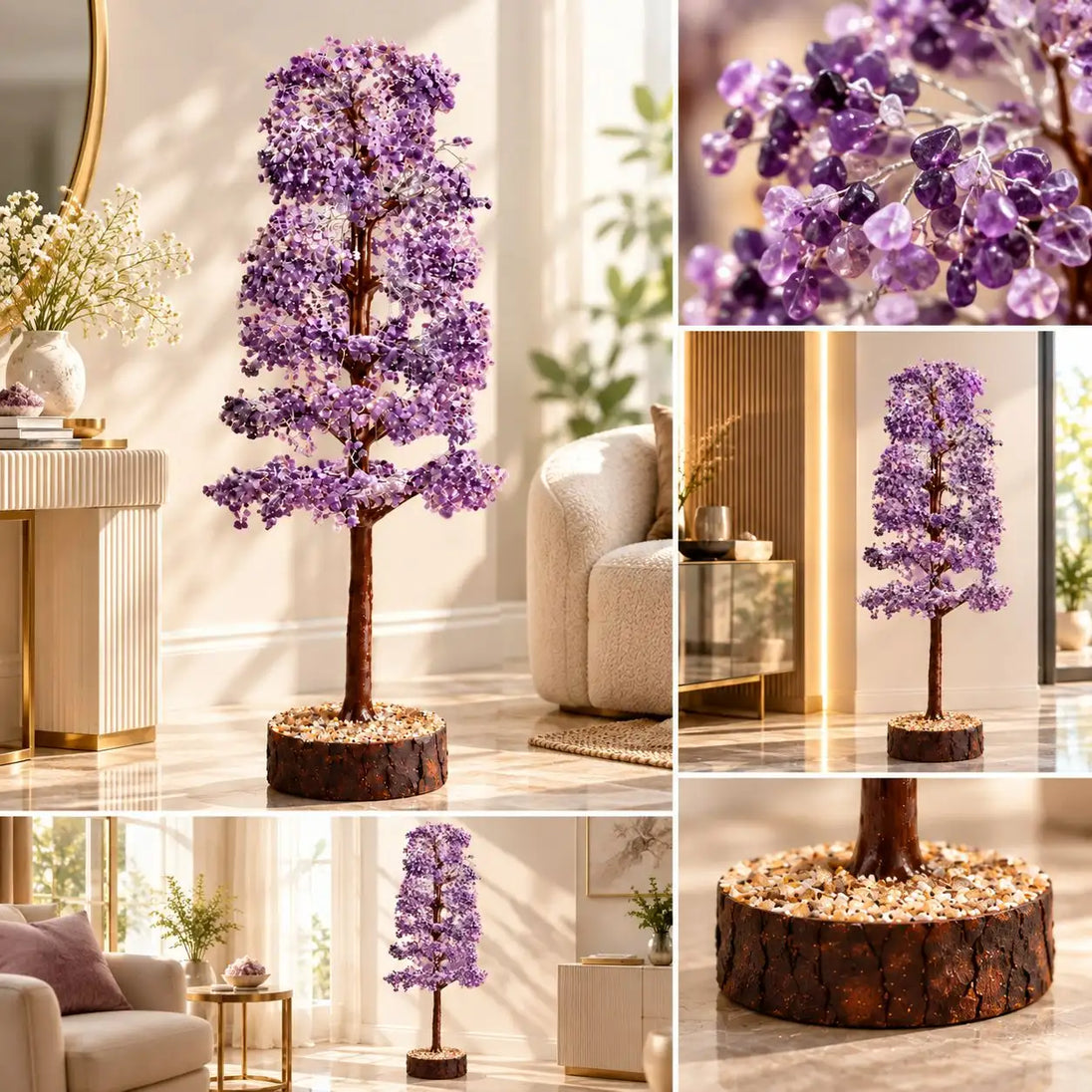 Grand Amethyst Crystal Tree shown from several angles with a close view of the amethyst chips