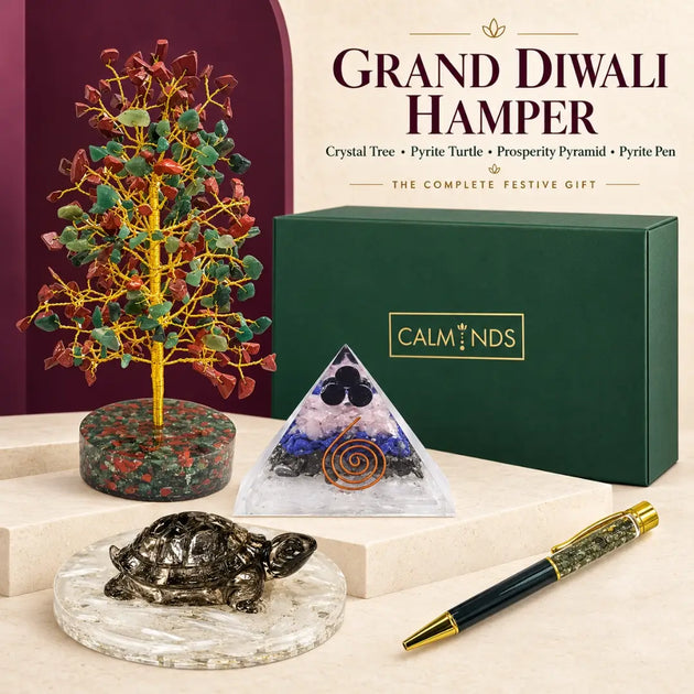 Grand Diwali hamper with crystal tree, pyrite turtle, prosperity pyramid and pyrite pen