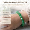 Green aventurine crystal bracelet on a wrist with text about its benefits.