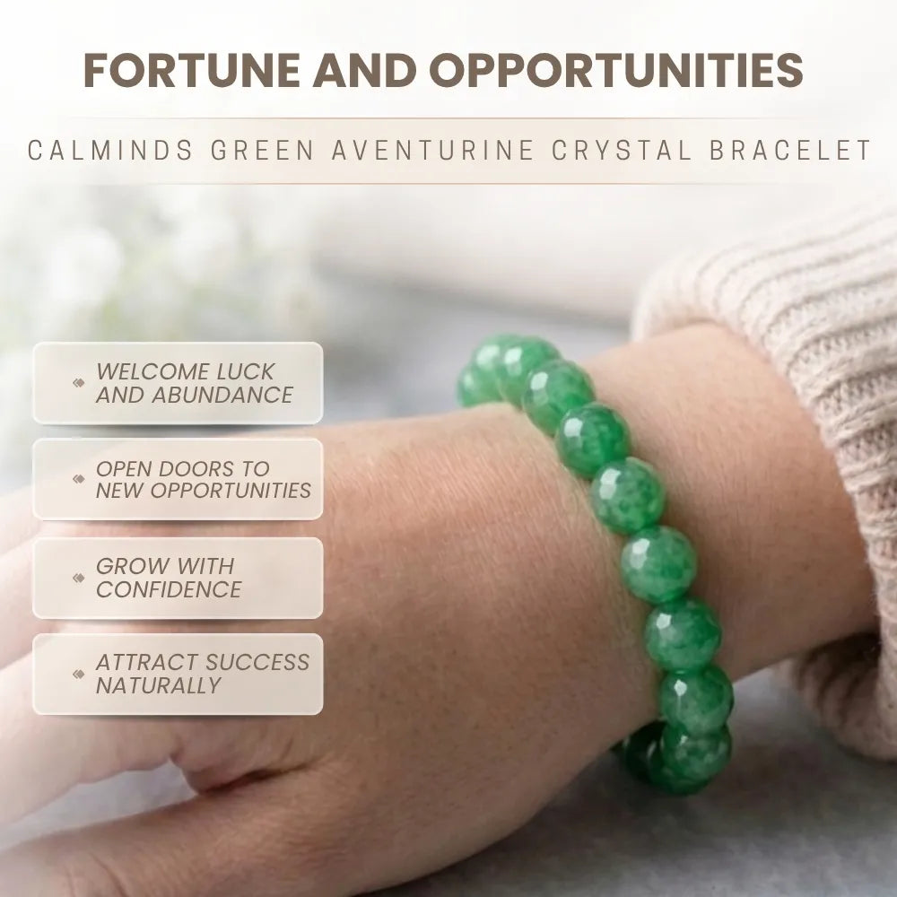 Green aventurine crystal bracelet on a wrist with text about its benefits.