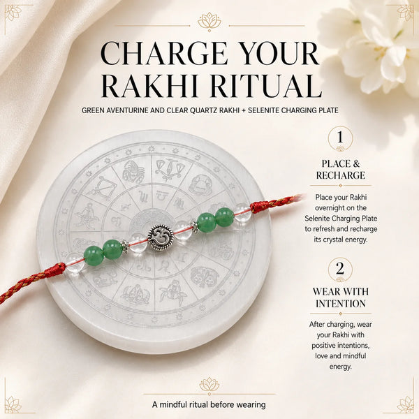 Green Aventurine & Clear Quartz Om Stone Rakhi for Brother