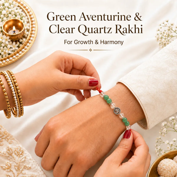 Green Aventurine & Clear Quartz — Fresh Start Om Stone Rakhi for Brother