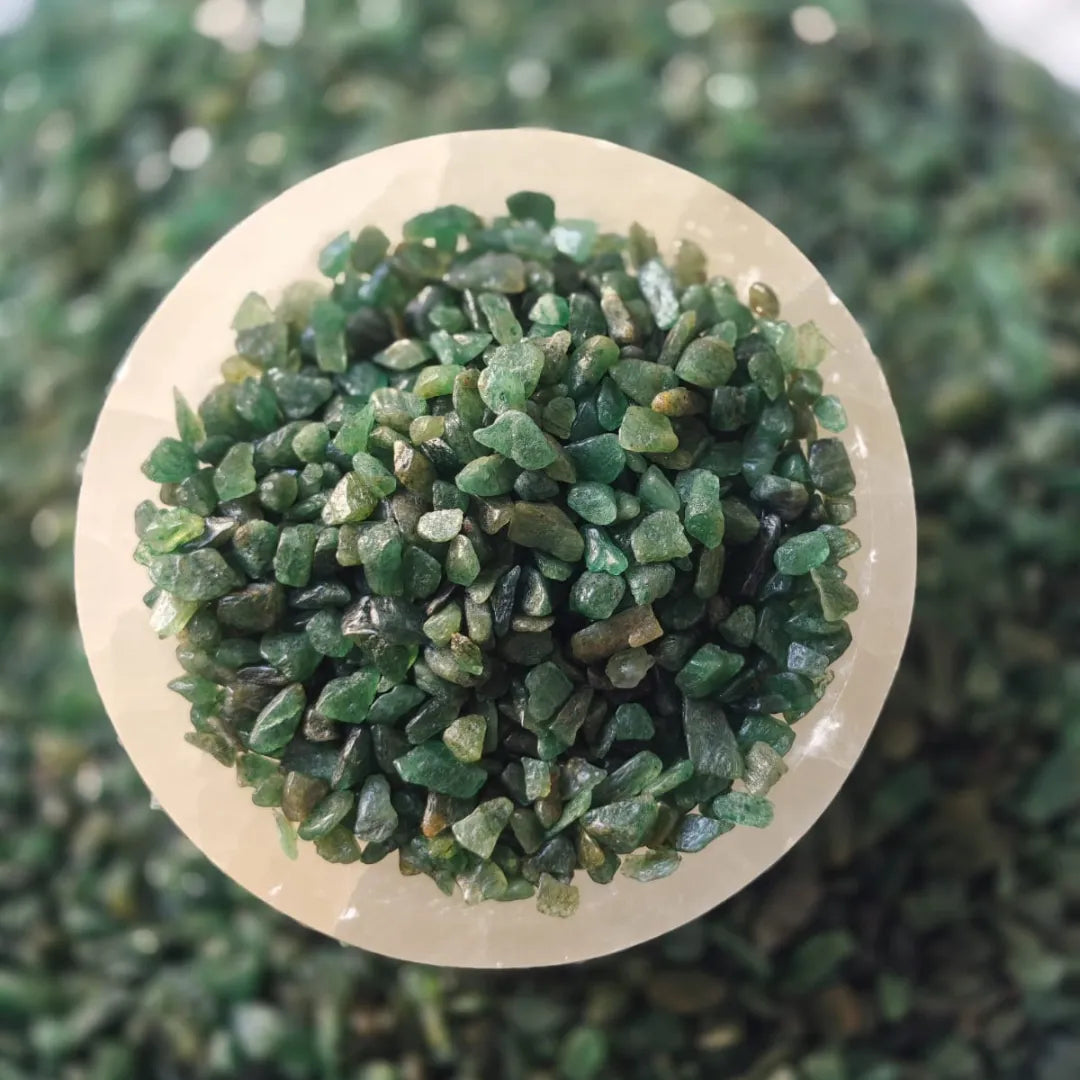 Green aventurine stone chips close-up
