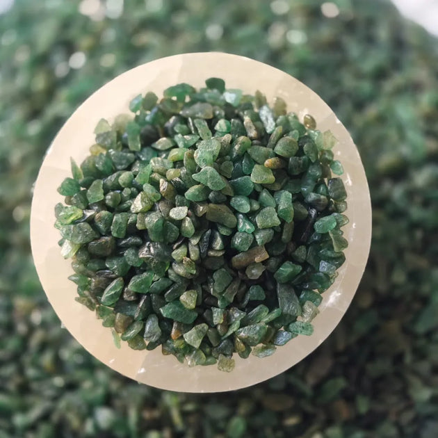 Green aventurine stone chips close-up