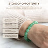 Green aventurine bracelet on a wrist with text about its benefits.