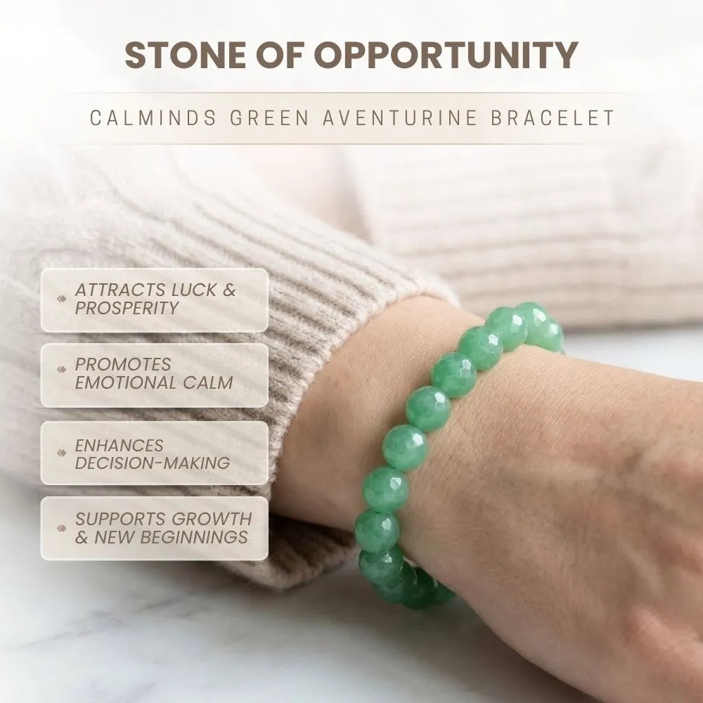 Green aventurine bracelet on a wrist with text about its benefits.