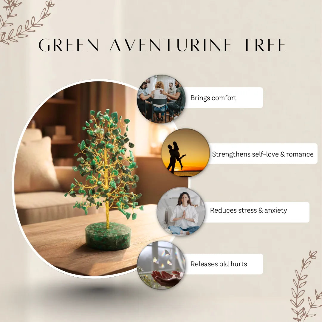 Decorative green tree with text on its benefits in a home setting