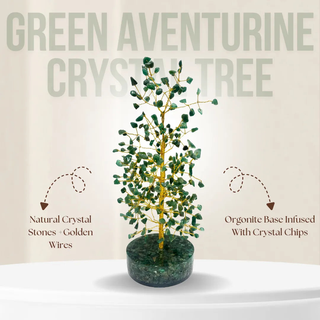 Green aventurine crystal tree with text describing its components on a beige background