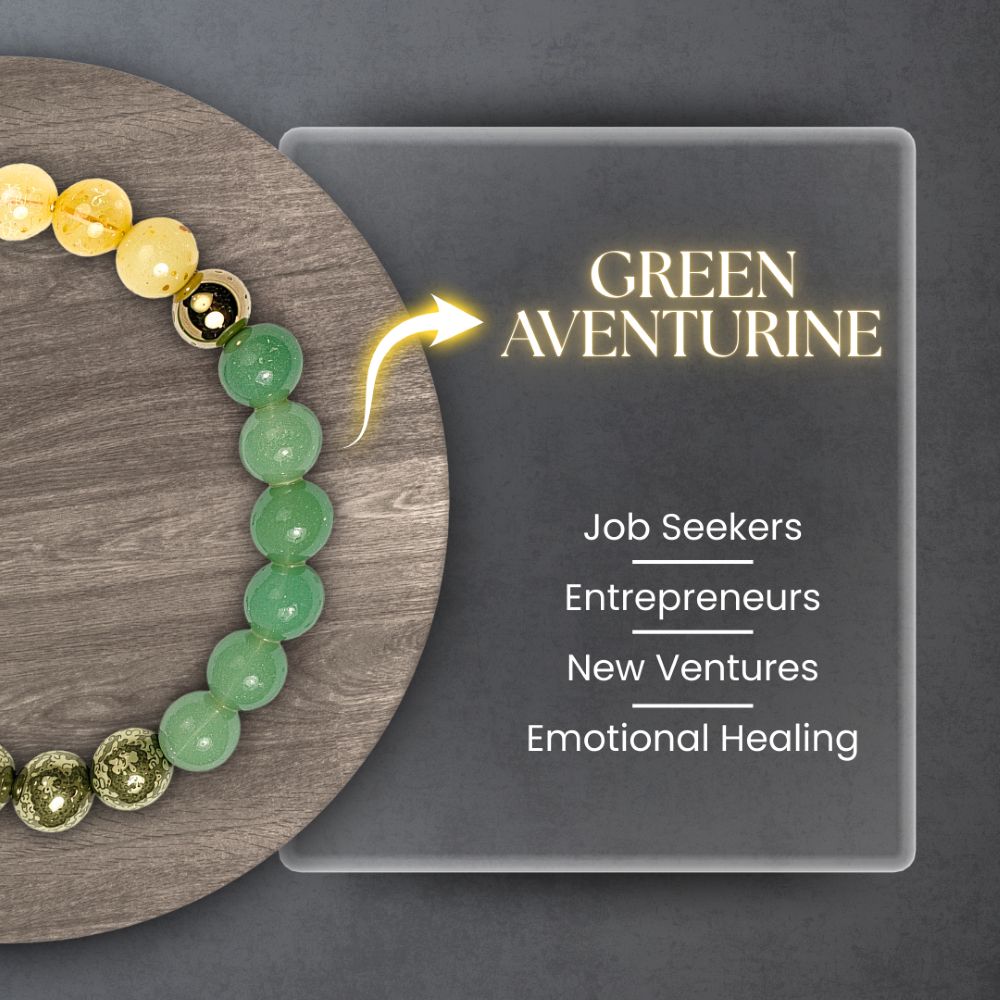 Green Aventurine crystal associated with job seekers, entrepreneurs, new ventures, and emotional healing