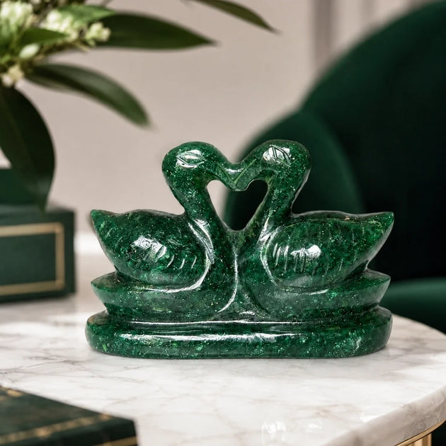 Green Aventurine Duck Pair crystal love birds, front view