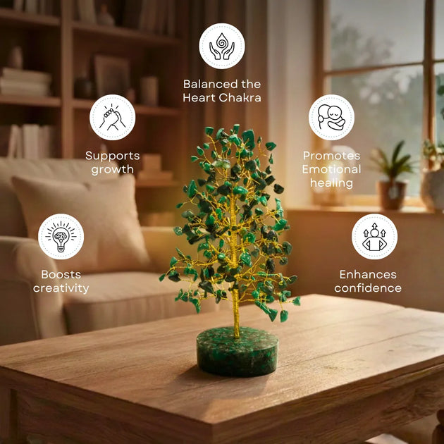 Decorative tree on a table with wellness benefits text in a home setting