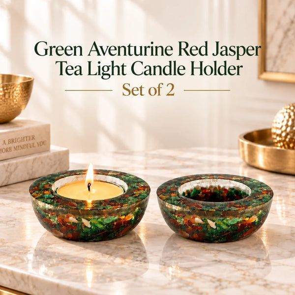 Green Aventurine Red Jasper Tea Light Candle Holder (Set of 2)
