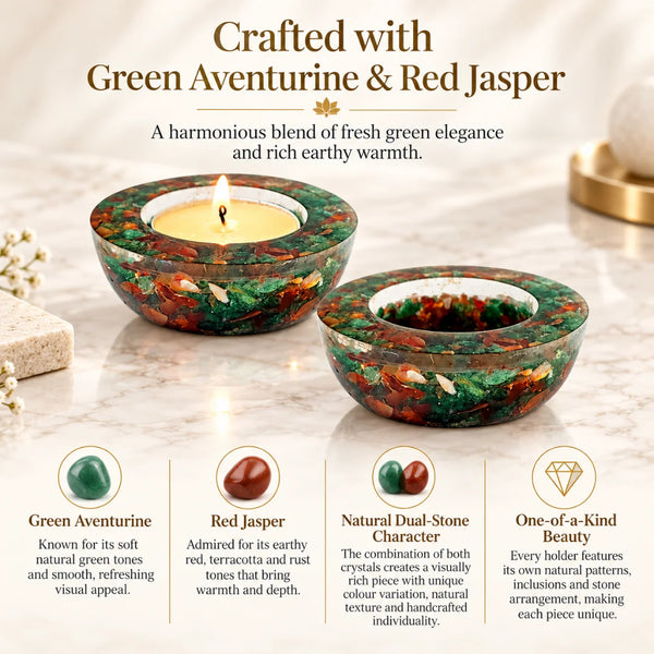 Green Aventurine Red Jasper Tea Light Candle Holder (Set of 2)
