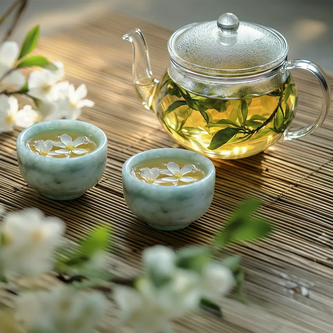 Glass teapot with green tea and two ceramic cups on a wooden surface with white flowers.