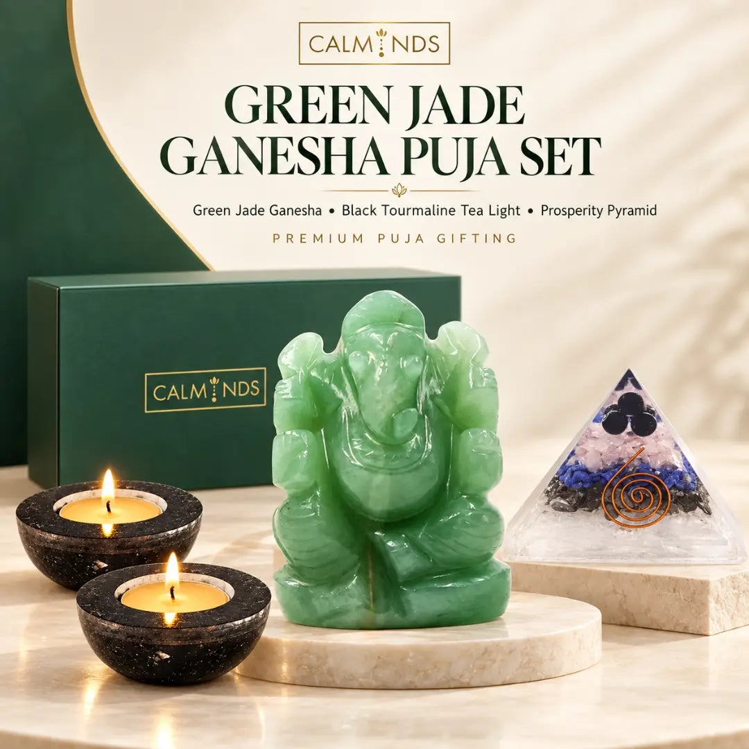 Green jade Ganesha puja set with black tourmaline tea lights and prosperity pyramid