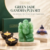 Green Jade Ganesha Puja Set – Natural Jade Ganesha Idol with Crystal Diyas & Pyramid