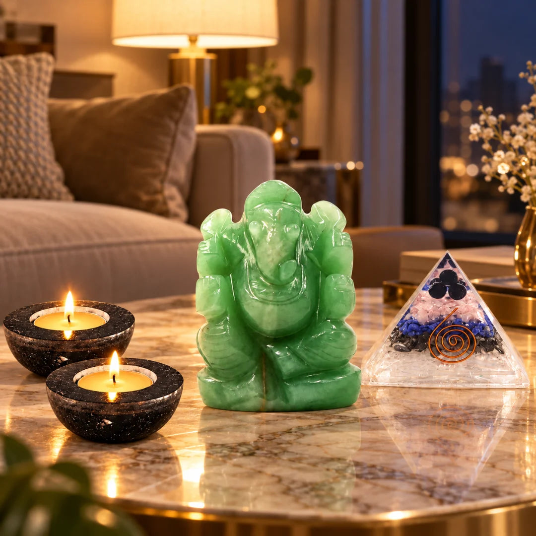 Green Jade Ganesha puja set with jade Ganesha idol, crystal diyas and pyramid – what's inside