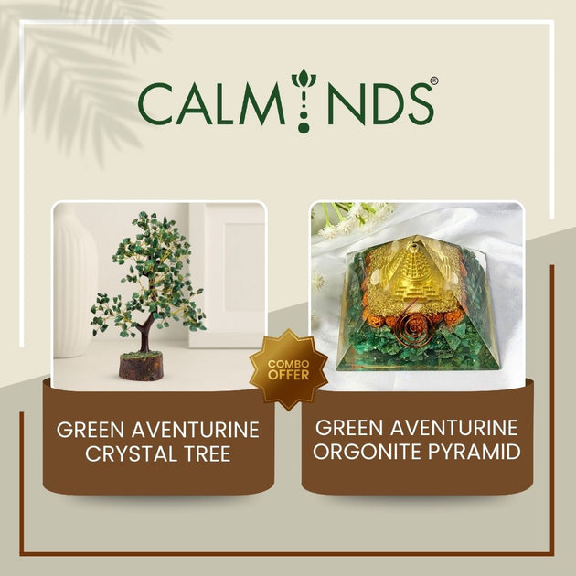 Calminds green aventurine crystal tree and orgonite pyramid with brand logo.