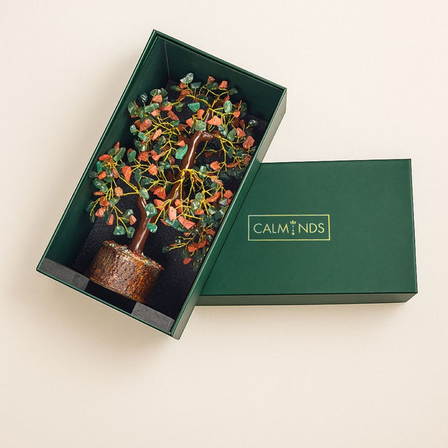 green aventurine red jasper mixed crystal tree with box by calminds