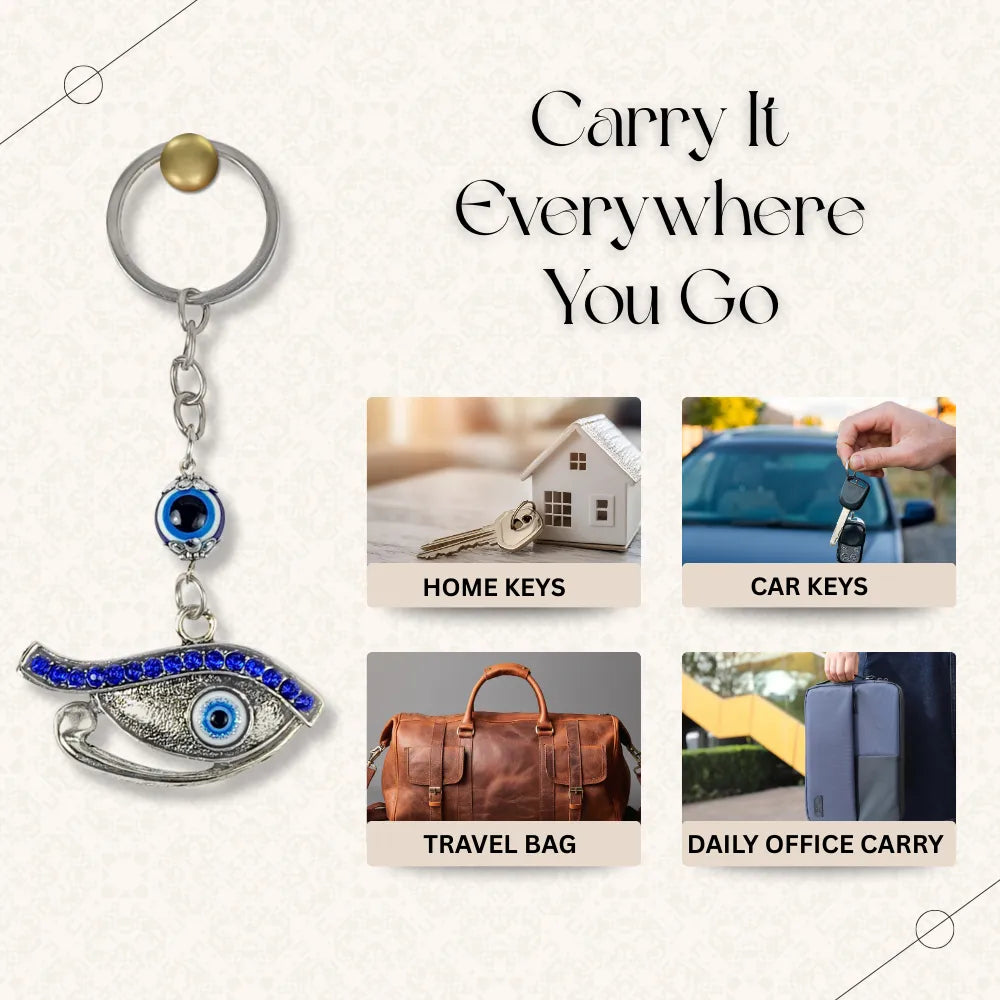 Keychain with eye design on a white background with text 'Carry It Everywhere You Go'.