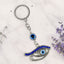 Keychain with eye design on a white background with lavender flowers