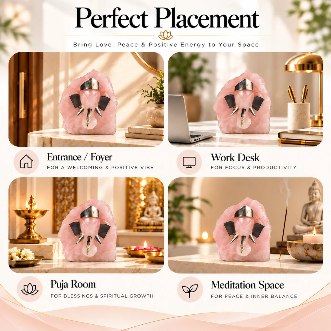 Handcrafted rose quartz Ganesh figurine by Calminds, view 6 of 6