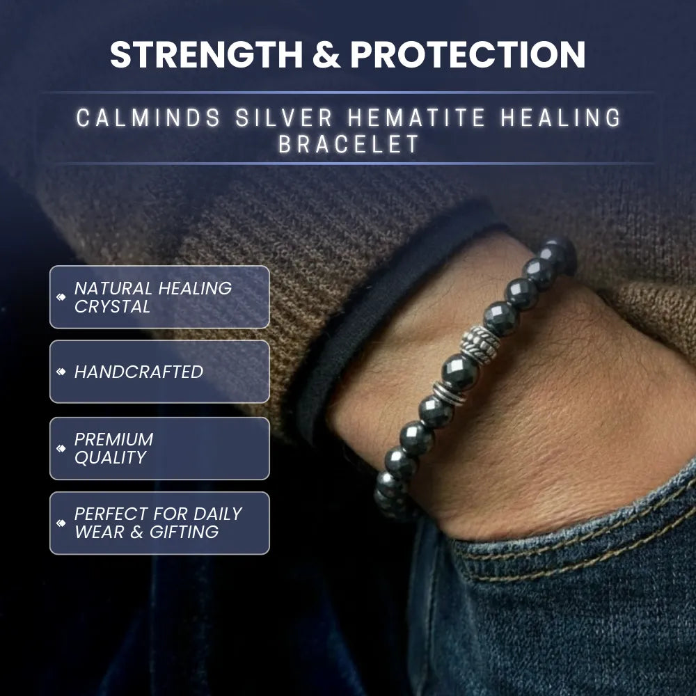 Silver hematite healing bracelet on a wrist with promotional text about its features.