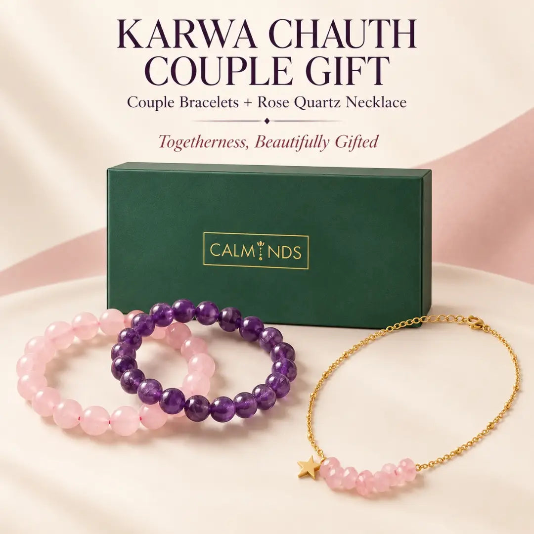 Karwa Chauth couple gift with couple bracelets and rose quartz necklace