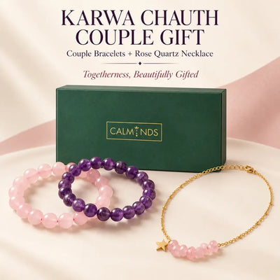 Karwa Chauth couple gift with couple bracelets and rose quartz necklace