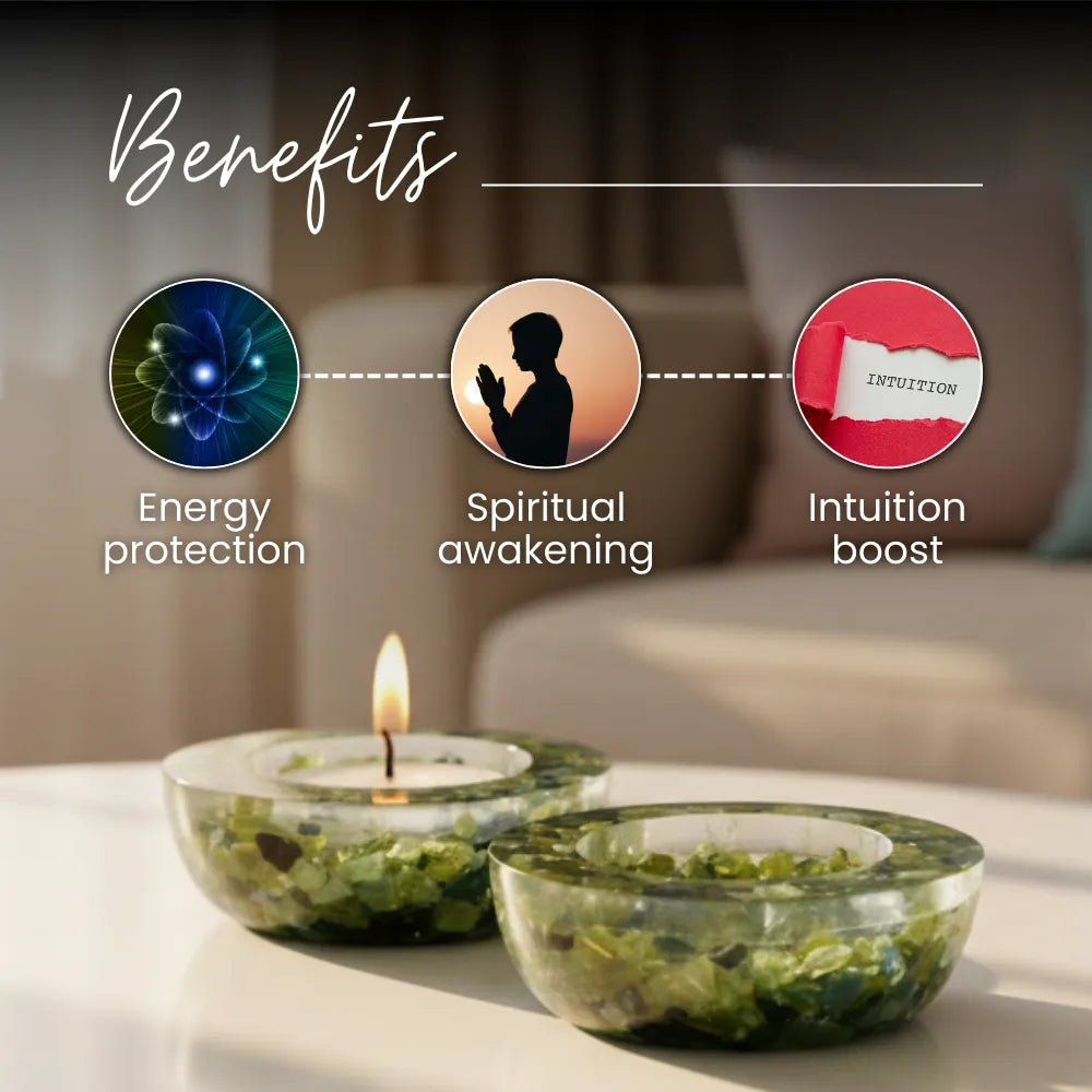 Two glass containers with a lit candle on a blurred background, labeled with benefits like energy protection, spiritual awakening, and intuition boost.