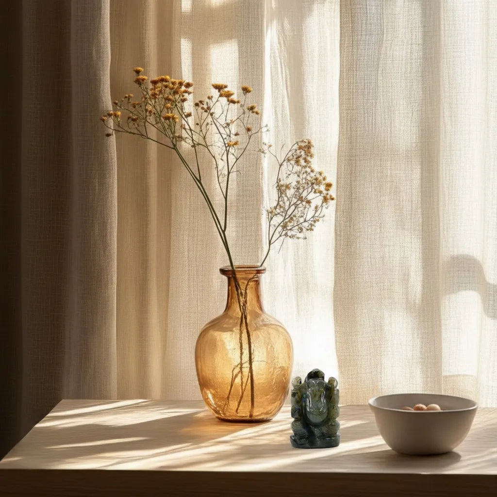 Amber glass vase with dried flowers on a wooden surface with curtains in the background