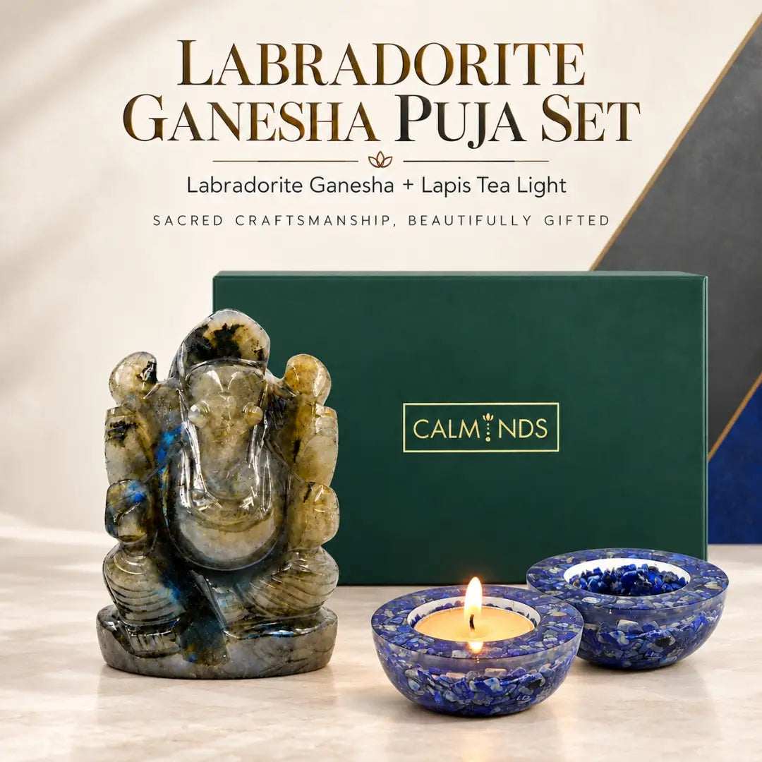 Labradorite Ganesha Puja Set with Lapis Lazuli tea light holders