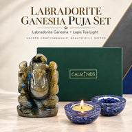 Labradorite Ganesha Puja Set – Crystal Ganesha Idol with Lapis Lazuli Crystal Diyas