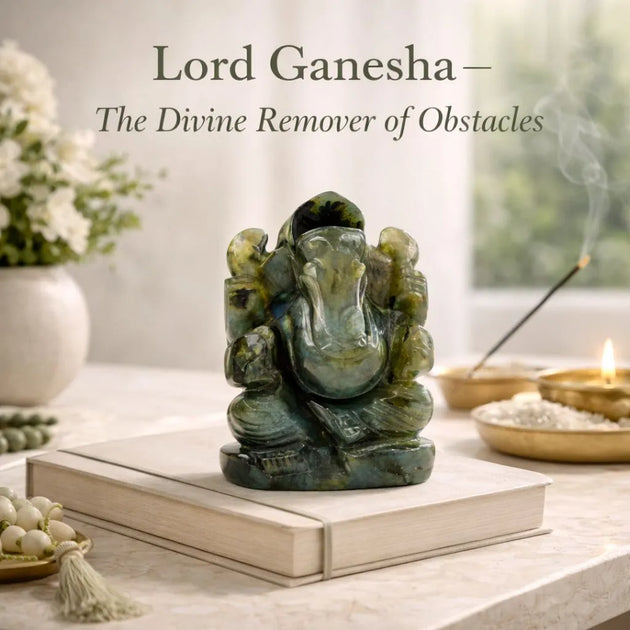 Statue of Lord Ganesha on a book with incense and flowers in the background