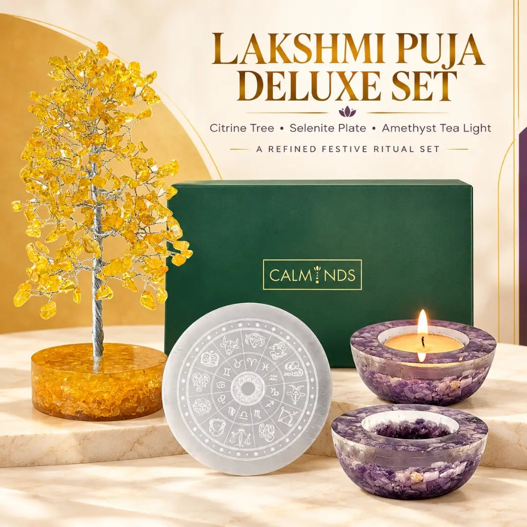 Lakshmi Puja deluxe set with citrine tree, selenite plate and amethyst tea light