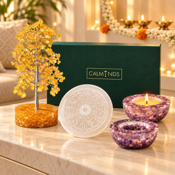 Citrine crystal tree, selenite plate and two amethyst tea light holders with a Calminds gift box