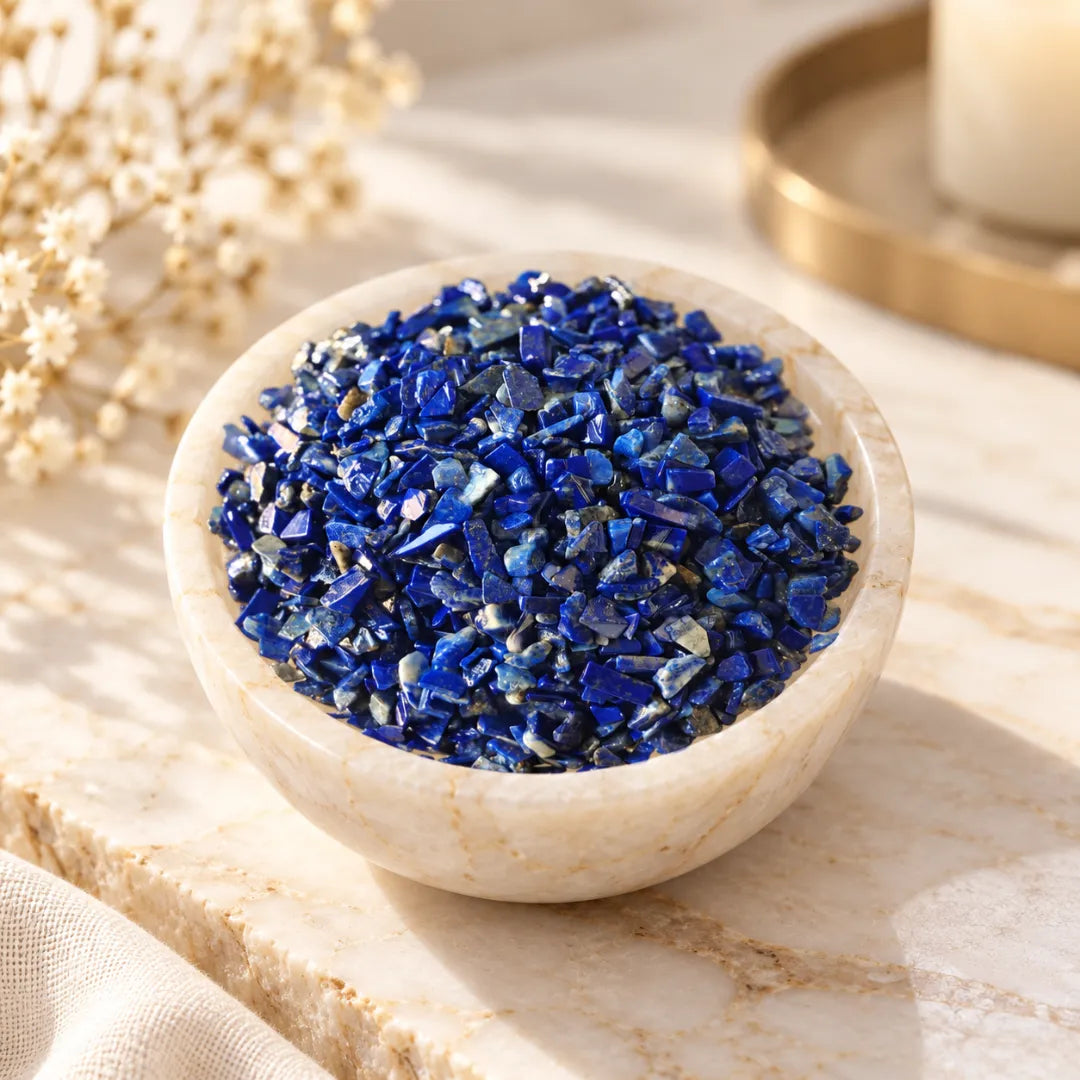 Lapis lazuli crystal chips close-up