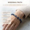 Lapis lazuli crystal bracelet on a wrist with text about its benefits.