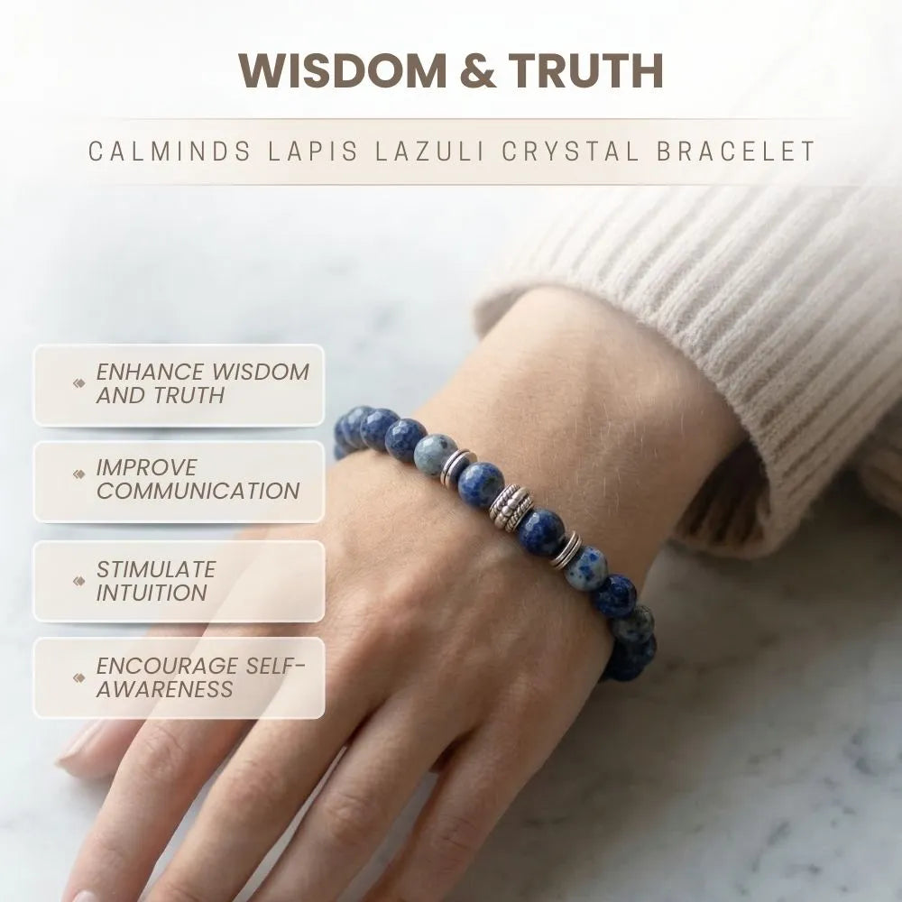Lapis lazuli crystal bracelet on a wrist with text about its benefits.