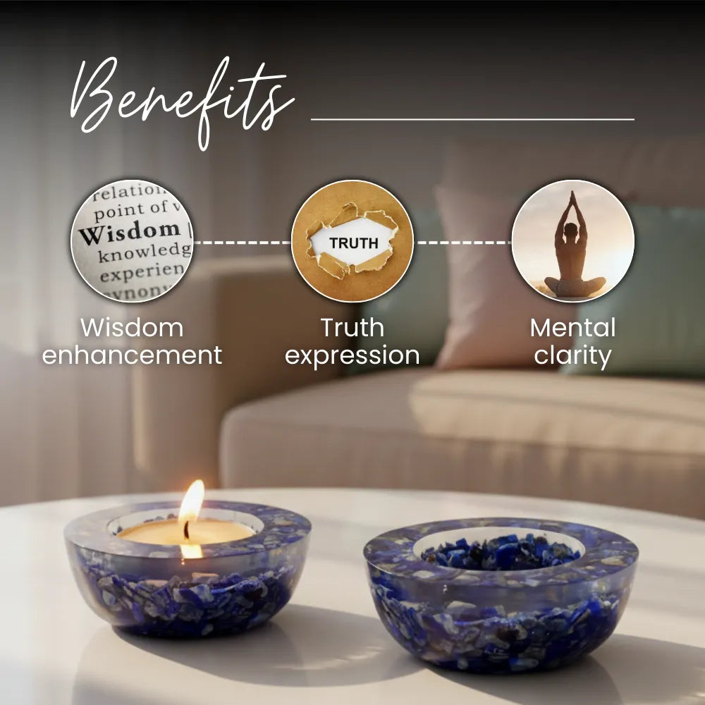 Two blue candle holders on a table with text about benefits in a room setting.