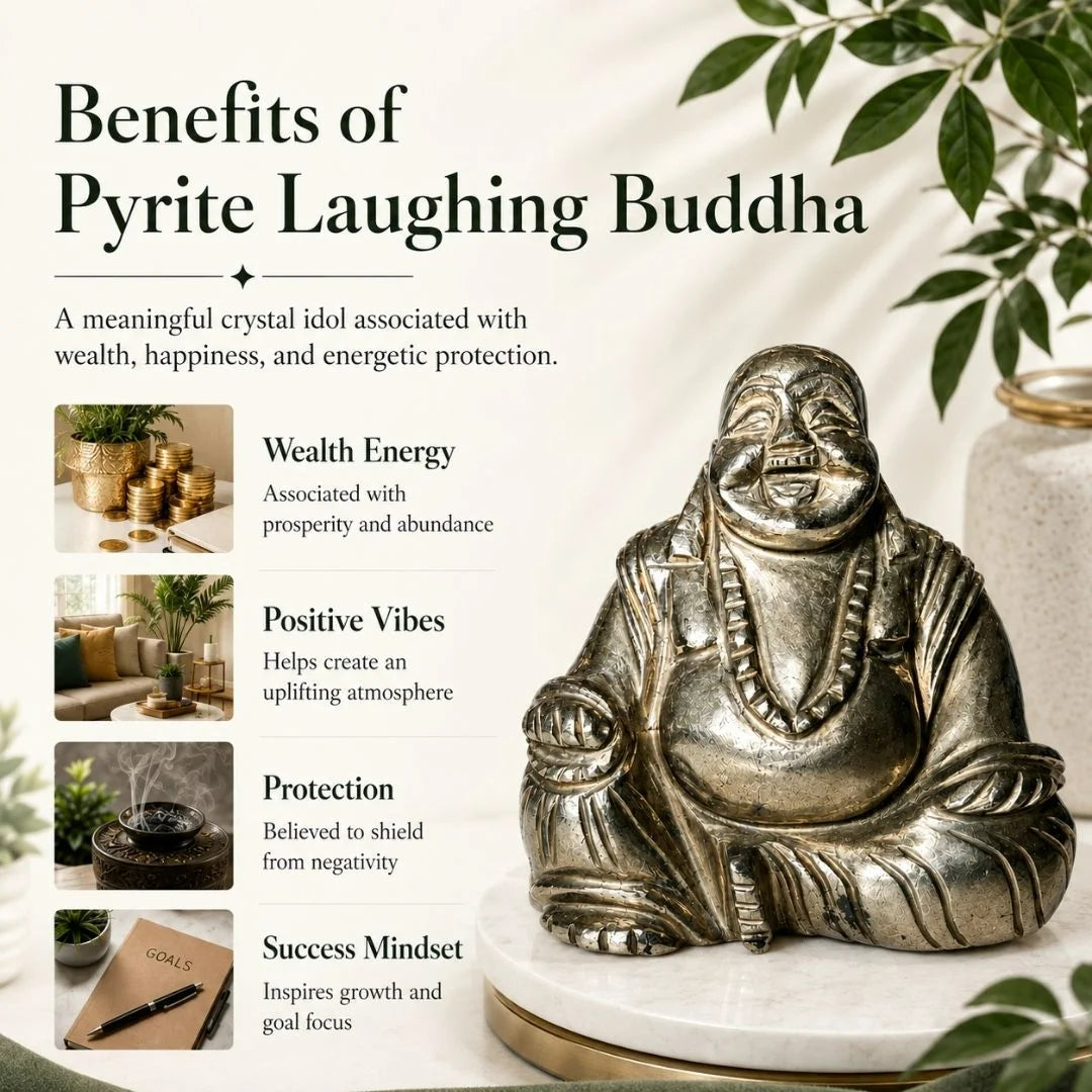 Benefits of Pyrite Laughing Buddha - wealth energy, positive vibes, protection and success mindset