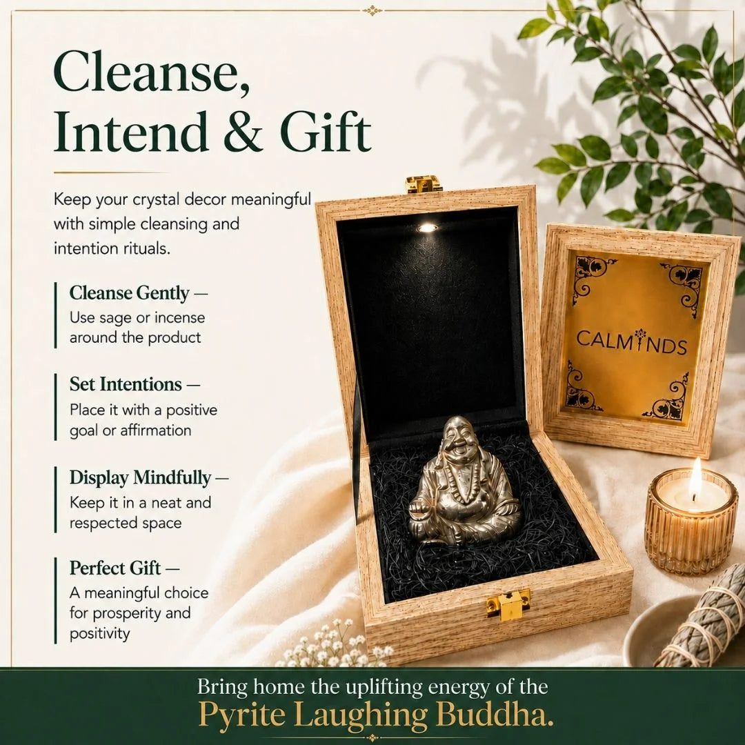 How to cleanse and gift the Pyrite Laughing Buddha with sage, intention setting and mindful display