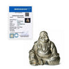 Certified natural Pyrite Laughing Buddha with gemmological report confirming 445g golden carved specimen