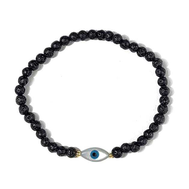 Black beaded bracelet with a blue evil eye charm on a white background